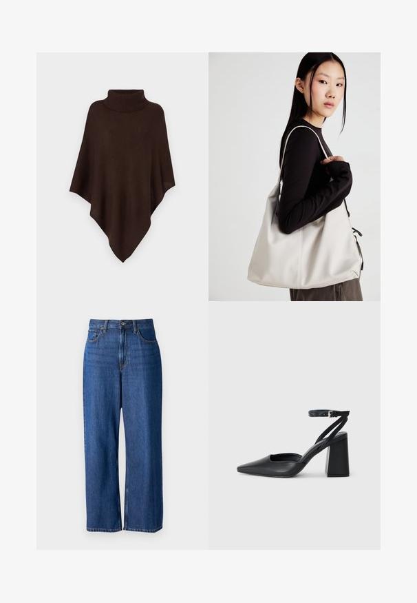 Brun strikket poncho med et højt turtleneck-design, der har en løs, draperet form og tekstureret stof for varme.; Sæt med to langærmede toppe i hvid og sort. Ribbet tekstur, rund halsudskæring, tætsiddende design med let udvidede ærmer.; Bredde ben jeans i mørkeblå denim, med høj talje, fem lomme-design, knaplukning og synlige stikninger på sømmene.; Sort læder spidse pumps med ankelrem og en chunky hæl. Flad tekstur, slankt design og minimalistisk æstetik.; Beige håndtaske lavet af blødt materiale med et slouchy design, stikninger og to skulderremme. Velegnet til daglig brug.