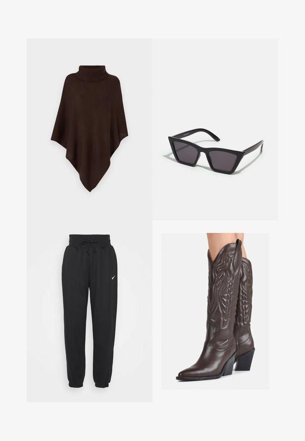 Ruda megzta pončia su aukštu golfo dizainu, pasižyminti laisvu, krentamu siluetu ir tekstūruota medžiaga šilumai.; Baltas be rankovių marškinėlis, pagamintas iš išklotinės medžiagos, su apvaliu iškirpimu ir prigludusia siluetu, minimaliais siūlais ir be dekoracijų.; Juodi sportiniai kelnaičiai, pagaminti iš minkštos medvilnės mišinio, su elastinga juosmens juostele ir raišteliu bei elastinėmis rankogaliais. Nike logotipas kairiajame šlaunyje.; Rudos odinės kaubojaus batai su smailiu priekiu ir blokuotu kulnu, pasižymintys detaliu siuvinėjimu ir iškiliais akcentais ant ašies.; Juodos, kampuotos saulės akinios su pilkais stiklais; pagaminti iš plastiko, su storomis šakėmis, turinčiomis lygų paviršių ir be matomų detalių.; Mažas kreminis rankinukas su tekstūruotu paviršiumi, ilga reguliuojama juostele, grandinėle ir užsegimu su atvartu. Aukso detalės.; Aukso auskarai su lygiu, blizgiu paviršiumi. Apvalus dizainas su maža užrakto dalimi ir skaidria atrama saugiam nešiojimui.