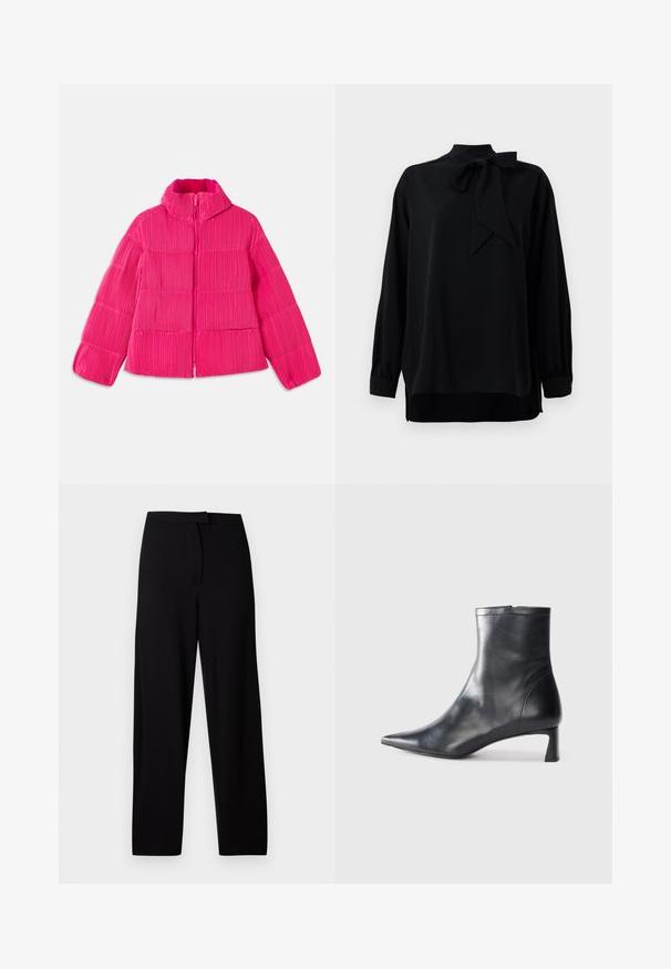 Jasnoróżowa kurtka puchowa z wysokim kołnierzem i pionowym żebrowanym wzorem, z zamkiem błyskawicznym z przodu i długimi rękawami.; Czarna bluzka z wysokim kołnierzem i detalem w postaci kokardy. Długie rękawy z manszetami. Wykonana z gładkiego materiału o luźnym kroju.; Czarne spodnie o szerokich nogawkach, wykonane z miękkiego, elastycznego materiału. Posiadają gładki pas i brak widocznych szwów oraz kieszeni. Prosty i uniwersalny design.; Czarne skórzane botki sięgające kostki z ostrym noskiem i eleganckim designem. Posiadają niski obcas oraz zamek błyskawiczny z tyłu. Gładka faktura.