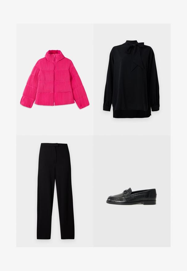 Giacca a vento rosa brillante con colletto alto e texture a coste verticali, chiusura frontale con zip e maniche lunghe.; Blusa nera con colletto alto e dettaglio in cravatta. Maniche lunghe con polsini. Realizzata in tessuto morbido con vestibilità comoda.; Pantaloni neri a gamba larga realizzati in un tessuto morbido e elastico. Presentano una vita liscia e senza cuciture o tasche visibili. Design semplice e versatile.; Mocassini in pelle nera con una tomaia liscia, motivo lineare impresso e una fibbia decorativa sull'avampiede. Tacco basso a blocco.