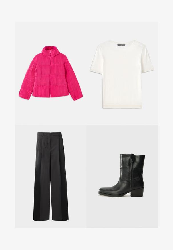 Svijetloružičasta puf jakna s visokim ovratnikom i vertikalnom rebrastom teksturom, prednjim zatvaračem i dugim rukavima.; Bijela kratkotrajna pletena majica s kratkim rukavima i okruglim izrezom, koja se odlikuje glatkom teksturom i suptilnim rebrastim detaljima na rukavima i rubu.; Crne široke hlače s visokim strukom, s prednjim nabranim detaljima, glatkom teksturom i krojenim završetkom. Dizajnirane za opušteni kroj.; Crne kožne čizme do članaka s okruglim vrhom, blok potpeticom, bočnim patentnim zatvaračem i detaljima od šavova na gornjem dijelu. Glatka tekstura, klasičan dizajn.