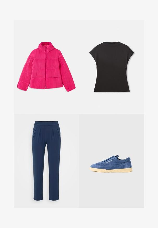 Casaco puffer cor-de-rosa brilhante com colar alto e textura riscada vertical, fecho frontal com zíper e mangas longas.; Top preto de manga curta com um decote alto e um ajuste descontraído. Feito em tecido suave com uma textura lisa. Sem padrões ou gráficos visíveis.; Calças azul-marinho de cintura alta com um cós elástico, pernas largas e retas, e bolsos laterais, exibidas contra um fundo simples.; Sapatilha baixa em camurça azul com sola creme, atacadores e logotipo "EMPORIO ARMANI" na lateral, fotografada sobre um fundo branco simples.