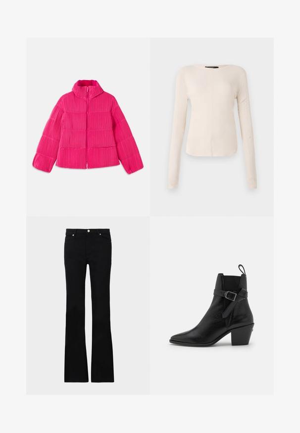 Fényes pink puffermellény magas gallérral és függőleges bordázott textúrával, elöl cipzárral és hosszú ujjakkal.; Hosszú ujjú, világos bézs blúz kerek nyakkivágással. Puha anyagból készült, középső varrással és enyhén ívelt szegéllyel rendelkezik. Nincs rajta látható fémrész.; Fekete, bővülő szárú farmernadrág, két elülső zsebből áll, gombos záródással és sima textúrával rendelkezik. A varrásoknál látható a jellegzetes öltés.; Fekete bőr bokacsizma hegyes orral, tömbsarkal és oldalsó csat részlettel. Simára kidolgozott textúrával rendelkezik, és a hátulján húzófül található.