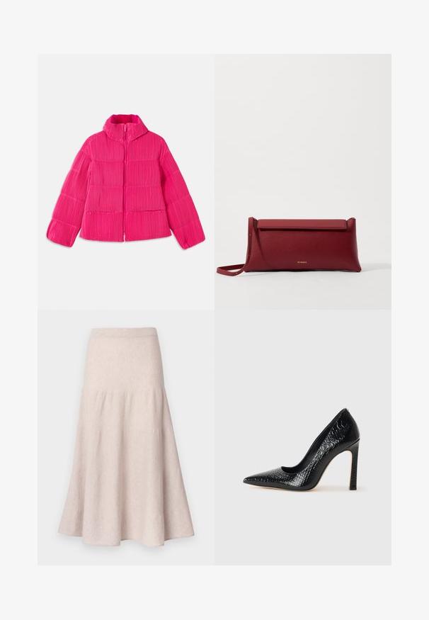 Spilgti rozā pūkains mētelis ar augstu apkakli un vertikālu ribotu tekstūru, priekšējā rāvējslēdzēju aizdare un garām piedurknēm.; Melna tops ar plānām spaghetti siksniņām, izgatavots no ribota auduma, ar taisnu griezumu un uzrakstu uz kakla izgriezuma "IVY OAK."; Gaiši bēša izpletusies svārki no mīksta auduma, ar augstu vidukli un savāktu dizainu ar plūstošu siluetu.; Melni augstpapēžu apavi ar norādītu purngalu, ar krokodila ādas tekstūru, izceļoties ar elegantu dizainu, augstu stiletto papēdi un gludu melnu interjeru.; Sarkans ādas klasisks maciņš ar teksturētu virsmu, ar plakanu salokāmu augšpusi un īsu siksniņu. Uz priekšpuses ir smalks zīmola logo.