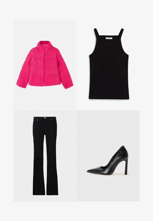 Bright pink puffer jacket with high collar and vertical ribbed texture, front zipper closure, and long sleeves.; Black tank top with thin spaghetti straps, made of a ribbed fabric, featuring a straight cut and a label at the neckline reading "IVY OAK."; Black flared jeans made of denim, featuring two front pockets, a button closure, and a smooth texture. Signature stitching visible at seams.; Black pointed-toe high heel shoe with a crocodile-skin texture, featuring a sleek design, high stiletto heel, and smooth black interior.