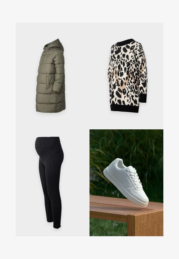 Ženska puffer jakna u maslinasto zelenoj boji. Ima kapuljaču, punu dužinu zipera, dva bočna dzepa i prošiveni dizajn s horizontalnim šavovima.; Pulover sa uzorkom leoparda u neutralnim tonovima crne, bež i krem boje. Ima okrugli izrez i rebraste crne rukave i donji rub.; Crne trudničke tajice s visokim strukom, izrađene od rastezljivog materijala. Imaju glatku površinu i uski kroj za udobnost.; Bijela tenisica sa glatkim sintetičkim gornjim dijelom, perforiranim prednjim dijelom, ravnim vezicama i teksturiranom potplatom, prikazana na drvenoj površini.