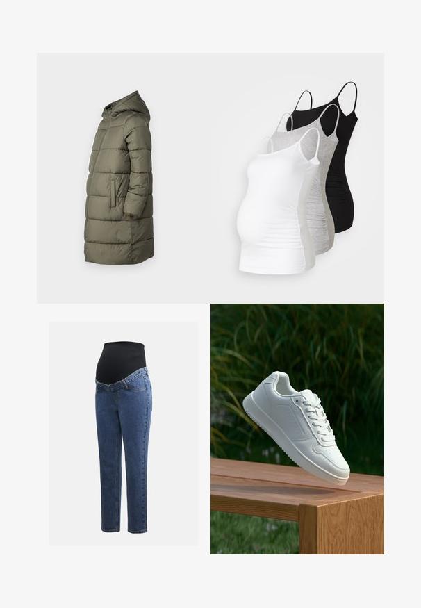 Ženska pufasta jakna v olivno zeleni barvi. Ima kapuco, dolg zadrgo, dva stranska žepa in prešito zasnovo s horizontalnimi šivi.; Tri materinski topi brez rokavov v beli, sivi in črni barvi. Raztegljiv material z nastavljivimi naramnicami in nabranimi stranskimi šivi za udobje.; Maternitetaške hlače z modrimi denim hlačnicami in črnim raztegljivim trebušnim panelom, zasnovane za podporo in pokrivanje rastočega trebuha.; Bela teniska s gladkim sintetičnim zgornjim delom, perforiranim prednjim delom, ravnimi vezalkami in teksturiranim podplatom, prikazana na leseni površini.