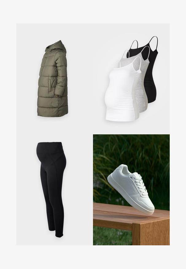 Dámský péřový kabát v olivově zelené barvě. Má kapuci, zip po celé délce, dvě boční kapsy a prošívaný design s horizontálním švem.; Tři těhotenské tílka v bílé, šedé a černé barvě. Elastická látka s nastavitelnými ramínky a nařasenými bočními švy pro pohodlí.; Černé těhotenské legíny s vysokým pasem, vyrobené z elastického materiálu. Mají hladký povrch a přiléhavý střih pro pohodlí.; Bílé tenisky s hladkým syntetickým svrškem, perforovanou špičkou, plochými tkaničkami a texturovanou podrážkou, vystavené na dřevěném povrchu.