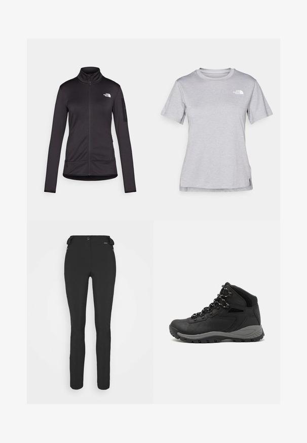 Črna, dolga zip-up jakna z dolgimi rokavi, izdelana iz mehkega in raztegljivega materiala. Ima visok ovratnik, dva sprednja žepa in logo na prsih.; Siva kratka majica s kratkimi rokavi, izdelana iz mehkega, vlago odvračajočega materiala. Ima okroglo izrez in majhen bel logotip na zgornji levi strani.; Črne prileganje hlače, izdelane iz fleksibilnega materiala. Značilnosti vključujejo žep z zadrgo na strani, artikulirana kolena in gladko teksturo.; Črne pohodniške čevlje z srednje visokim dizajnom, ki imajo teksturirano zgornji del, sivi dodatki in vzdržljiv gumen podplat s protizdrsnimi izboklinami.