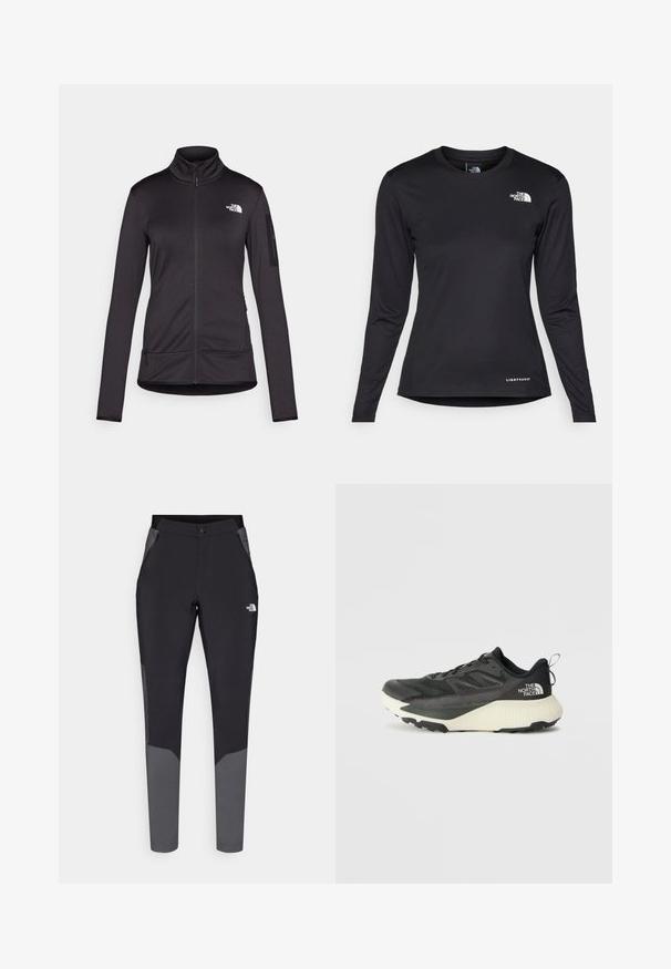 Črna, dolga zip-up jakna z dolgimi rokavi, izdelana iz mehkega in raztegljivega materiala. Ima visok ovratnik, dva sprednja žepa in logo na prsih.; The North Face SHADOW LONG SLEEVE - Majica z dolgimi rokavi - black; Črne zunanje hlače s sivimi akcenti, ki imajo oblikovan kroj, elastični pas, zadrževe žepov in trpežen, lahkoten material.; Črne atletske čevlje z teksturiranim zgornjim delom, ki imajo sivo obrobo in belo srednjo podplat. Vključujejo zanko za vprego in izstopajočo blagovno znamko na peti.
