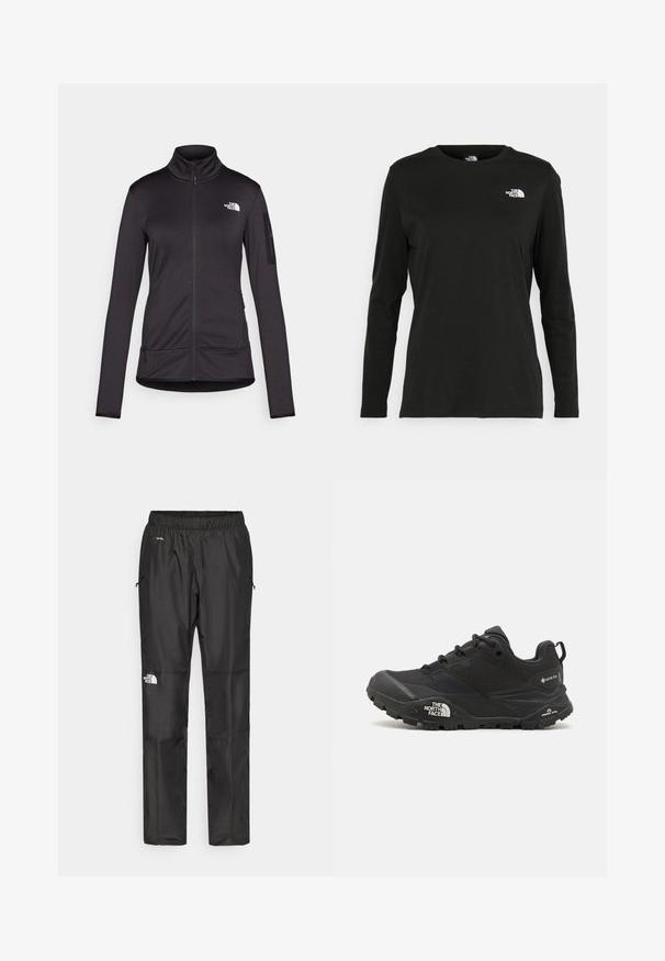 Casaco preto de manga longa com fecho éclair, feito de um tecido macio e elástico. Apresenta colarinho alto, dois bolsos frontais e um logotipo no peito.; T-shirt preto de mangas longas, feito de algodão, com decote redondo. Apresenta um pequeno logótipo branco na área esquerda do peito. Design simples e ajuste confortável.; Calças pretas à prova d'água feitas de um tecido leve, com cintura elástica, bolsos laterais e um logótipo na perna esquerda.; Shoe de caminhada preto com um upper texturizado, fecho de atacador e uma sola de borracha robusta com um logótipo proeminente na lateral e padrões de piso.