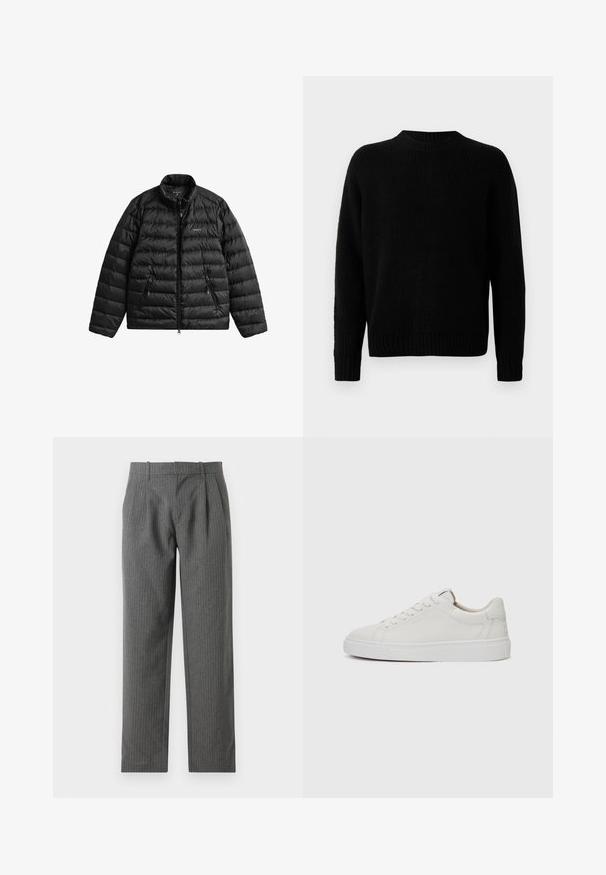 Schwarze Steppjacke mit durchgehendem Reißverschluss, hohem Kragen und horizontalem Steppmuster. Verfügt über zwei mit Reißverschluss versehene Taschen und ein Logo auf der Brust.; Schwarzer Strickpullover mit gerippter Textur, runden Ausschnitt und langen Ärmeln. Einfaches Design; keine zusätzlichen Muster oder Akzente.; Graue, gestreifte Hose aus einem strukturierten Stoff. Sie hat eine hohe Taille mit Falten und ein gerades Bein-Design.; Weiße Leder-Sneaker im Low-Top-Stil mit runder Zehenform, flacher weißer Gummisohle und minimalistischen Steppnähten. Schnürsenkel sind durch sechs Ösen gesichert.