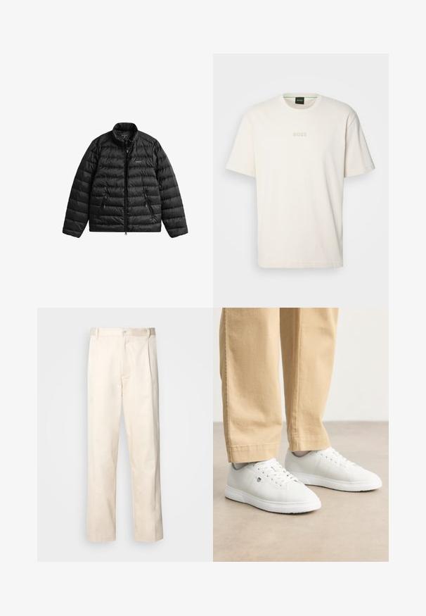 Schwarze Steppjacke mit durchgehendem Reißverschluss, hohem Kragen und horizontalem Steppmuster. Verfügt über zwei mit Reißverschluss versehene Taschen und ein Logo auf der Brust.; BOSS TEE - T-Shirt basic - open white; Beige Baumwollhose mit geradem Bein, ausgestattet mit einem Knopfverschluss und Falten an der Vorderseite für zusätzliche Details.; Weiße Ledersneaker mit glatter Oberfläche, runde Zehenpartie, Schnürdesign und dezente Logo-Details an der Seite, kombiniert mit beigen Hosen.