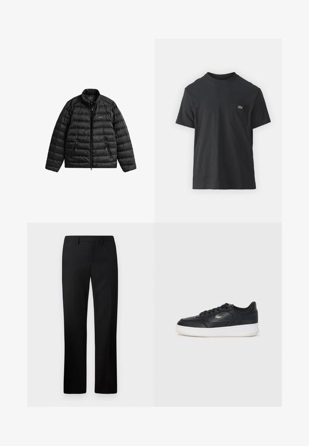 Črna puhasta jakna z zadrgo na sprednji strani, visokim ovratnikom in vodoravno prešito zasnovo. Ima dva žepa z zadrgami in logotip na prsih.; Črna bombažna majica s kratkimi rokavi, okroglo ovratnikom in majhnim zelenim logotipom na levem žepu. Preprost dizajn, redna prileganje.; Črne krojene hlače s ravnimi nogami, izdelane iz gladkega blaga. Lastnosti vključujejo ravno sprednjo stran in pas srednje višine.; Črne usnjene superge z belo podlago, s zaobljenim prstom, veznim dizajnom in diskretnim logotipom na strani. Zgornji del z teksturo.
