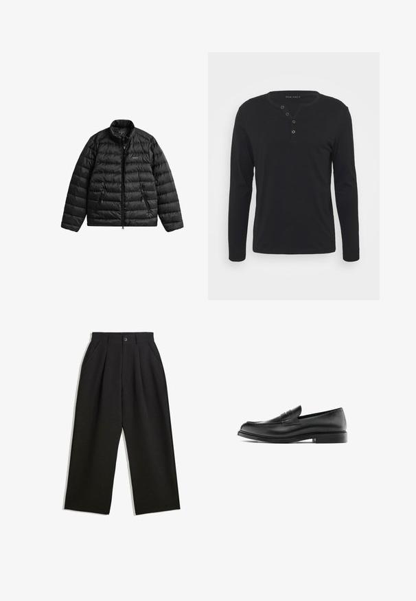 Zwarte pufferjack met rits aan de voorkant, hoge kraag en horizontaal doorgestikt ontwerp. Voorzien van twee zakken met rits en een logo op de borst.; Zwart lange mouwen henley shirt van zachte stof, met een knoopsluiting, ronde halslijn en aansluitende mouwen.; Zwarte broeken met een relaxte pasvorm, voorzien van plooien aan de voorzijde, zijzakken en een knoopsluiting. Gemaakt van textiel met structuur.; Zwarte leren penny loafer met lage hak, ronde neus en gestikte details langs de bovenkant, weergegeven in zijprofiel op een witte achtergrond.