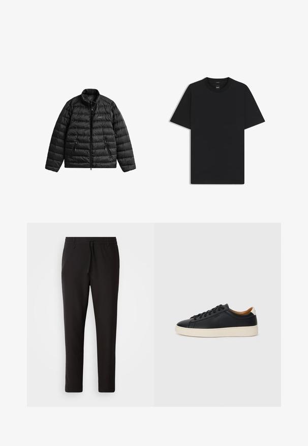 Zwarte pufferjack met rits aan de voorkant, hoge kraag en horizontaal doorgestikt ontwerp. Voorzien van twee zakken met rits en een logo op de borst.; Zwarte korte mouwen T-shirt van een gladde katoenmix, met een ronde halslijn en een minimalistisch ontwerp zonder patronen of accenten.; Zwarte joggingsbroek van gladde stof. Kenmerkt zich door een elastische tailleband met een trekkoord, taps toelopende benen en geen zichtbare zakken. Eenvoudig ontwerp.; Zwarte leren sneakers met een gladde textuur, beige rubberen zool, vetersluiting en een contrasterende hielaccent.
