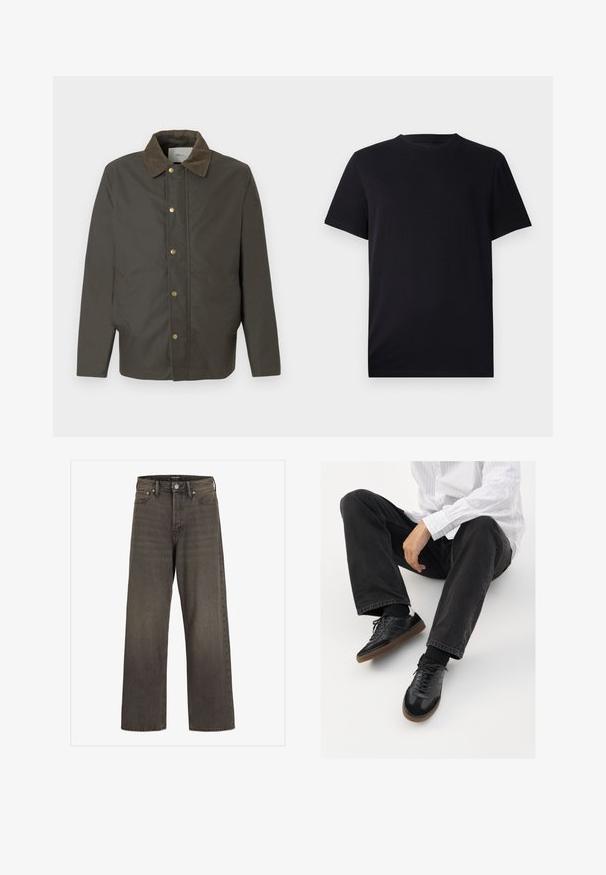 Tamsiai rudos spalvos švarkas su džinsiniu apykakle, priekiniais snapų mygtukais ir šoninėmis kišenėmis, pateiktas ant paprasto balto fono.; Juodas trumpomis rankovėmis marškinėliai, pagaminti iš lygios medvilnės, su apvalia iškirpte ir klasikinio silueto, be jokių raštų ar matomų detalių.; Plati kojinės džinsai tamsiai pilkos spalvos džinsinio audinio, su aukštu liemeniu, klasikinio penkių kišenių dizainu ir kontrastinga siuvimo linija siūlėse.; Juodi sportbačiai su lygiu ir tekstūruotu paviršiumi, turi guminį padas ir tamsias raištelius. Suderinti su juodomis džinsais ir balta juostuota marškinėliais.