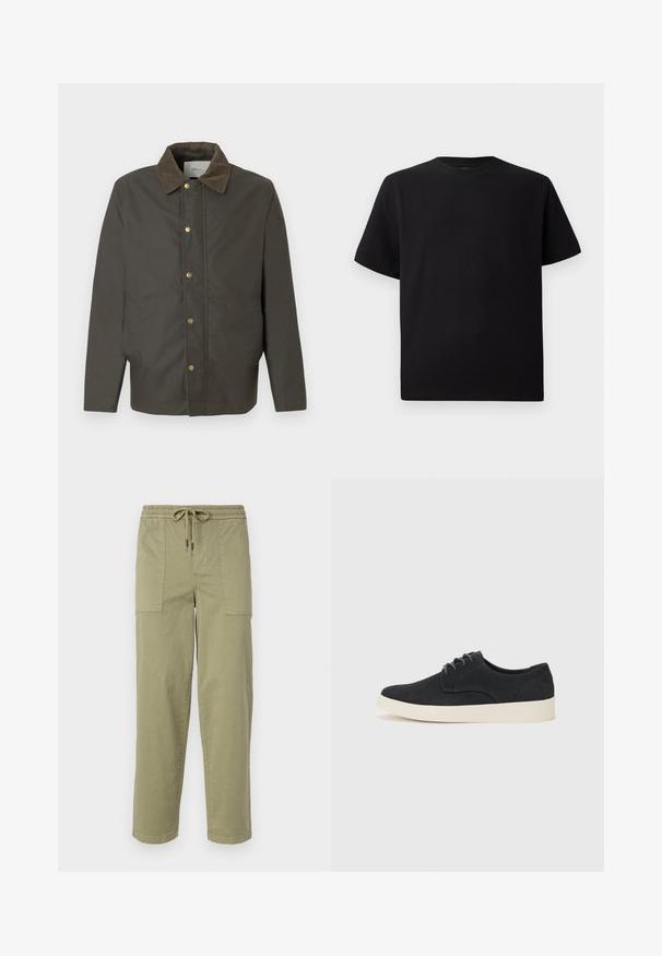 Tmavohnědá bunda s kordovou límcem, předními cvoky a bočními kapsami, vystavená na prostém bílém pozadí.; Černé tričko s krátkým rukávem vyrobené z texturované látky, s kulatým výstřihem a volným střihem. Jednoduché, bez vzorů nebo akcentů.; Pantalony světle olivové barvy vyrobené z bavlněné směsi, s elastickým pasem na šnůrku a dvěma velkými bočními kapsami.; Černé semišové šněrovací boty s kulatou špičkou, lehkou krémovou podrážkou a jemným modrým prošíváním na svršku.