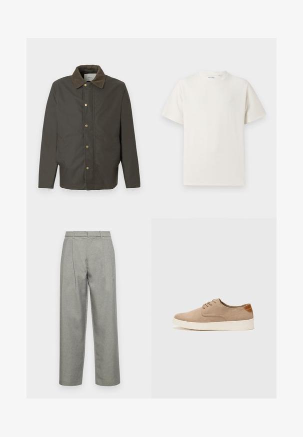 Temno rjava jakna s kordurojnim ovratnikom, sprednjimi gumbom na pritisk in stranskimi žepi, prikazana na enostavni beli podlagi.; Bela majica s kratkimi rokavi iz rebraste tkanine. Okrogli izrez, sproščen kroj, brez vidnih vzorcev ali naglasov. Preprosta in vsestranska zasnova.; Sive prilagojene hlače iz teksturiranega blaga, s ravnim krojem, sprednjimi gubami in standardnim pasom z zankami za pas.; Bež tkanine usnjene superge z zaobljenim nosom, vezalkami na sprednji strani in teksturiranim zadnjim detajlom. Belo gumijasto podplato zagotavlja kontrast. Enostaven in sodoben dizajn.