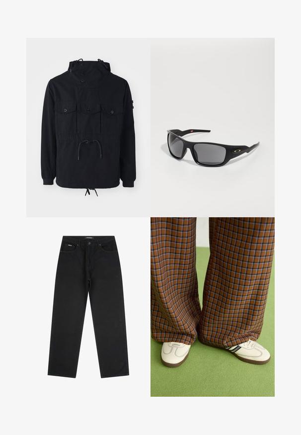 Musta kevyt takki, jossa on kiristettävä huppu, useita etutaskuja ja kietoutuva vyötärö. Sujuva kangas rentoa istuvuutta varten.; Vaaleanpunainen huppari, joka on valmistettu pehmeästä kankaasta. Siinä on kengurutasku, kiristysnyöri hupussa ja valkoinen adidas-logo vasemmassa rinnassa.; Mustat suorat farkut, joissa on etupainike ja vetoketju, vyölenkit ja viisi taskua, aseteltuna litteäksi valkoista taustaa vasten.; Ruskonsin ja sininen ruutukuvioinen leveälahkeinen housut yhdistettynä valkoisiin kenkiin, joissa on mustia yksityiskohtia ja tekstuuripohjat, vihreää taustaa vasten.; Mustat aurinkolasit, joissa on suorakulmainen muoto, valmistettu kestävästä muovista, harmailla tummennetuilla linsseillä ja kultaisella yksityiskohdalla sivussa.