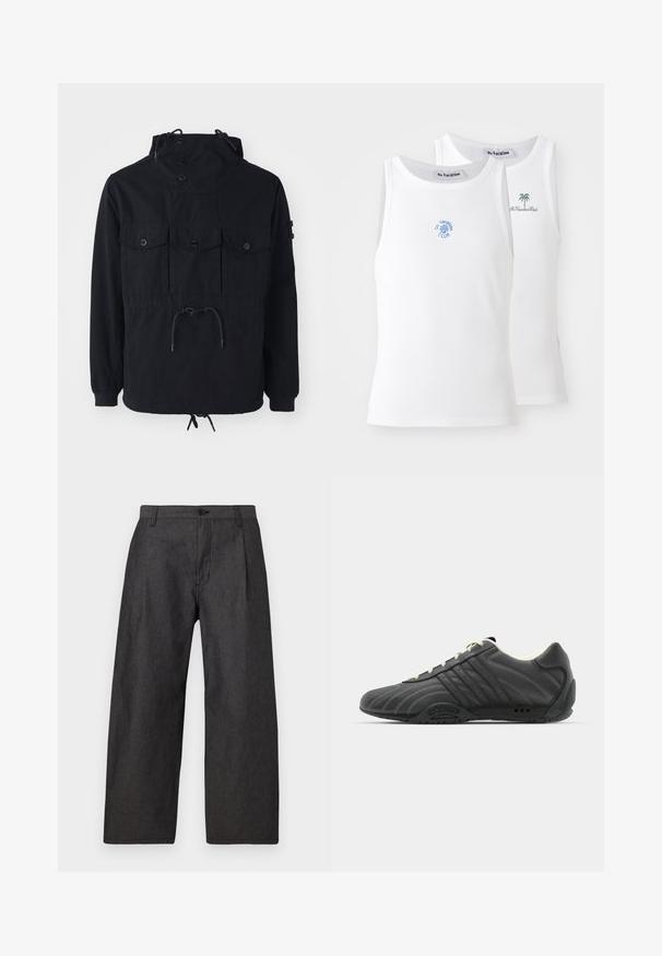 Black lightweight jacket features a drawstring hood, multiple front pockets, and a cinched waist. Smooth fabric with a relaxed fit.; Two white tank tops, ribbed texture, featuring blue and green embroidered logos. One has a sun design, the other a palm tree.; Dark gray wide-leg trousers made of textured fabric. Features a front button closure and two side pockets. Minimalist design without patterns.; adidas Originals ADIRACER UNISEX - Trainers - core black/cream white