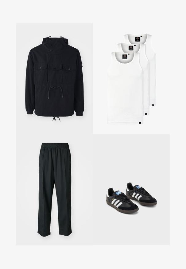Jachetă ușoară neagră, cu glugă ajustabilă, mai multe buzunare frontale și talie strânsă. Material neted, cu o croială lejeră.; Trei maieuri albe ribbate din bumbac. Au un guler rotund și etichete negre mici lângă tiv. Disponibile în mai multe mărimi.; Pantaloni atletici negri cu talie elastică, confecționați dintr-un material neted, având cusături laterale subtile și o croială lejeră, cu pantaloni drepți.; Tenisi negri cu superior din suede și sintetic, având trei dungi albe, talpă din cauciuc texturat și etichetă albastră cu logo pe limbă.