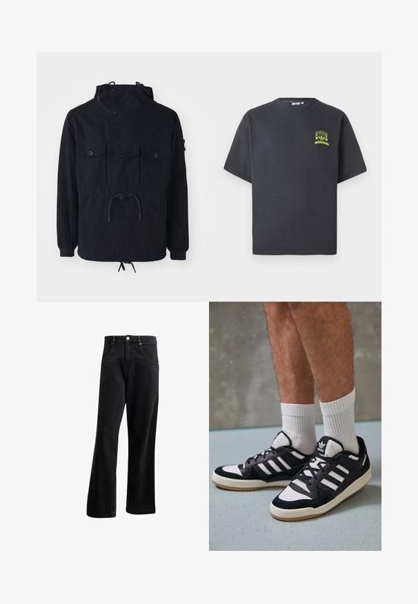 Svart lättviktsjacka med dragsko på huvan, flera framfickor och reglerad midja. Slät tygkvalitet med avslappnad passform.; Kolgrå Adidas T-shirt med korta ärmar och en liten neongrön grafik av högtalare, sol och Adidas-logotyp på vänster bröst.; Svarta denimjeans med rak bendesign, med framfickor, knäppning med knapp och lätt textur. Inkluderar en subtil logotypdetalj.; Svartvita sneakers med ovandel i mocka och läder, med tre vita ränder, perforerad tå och sula av gummigummi.