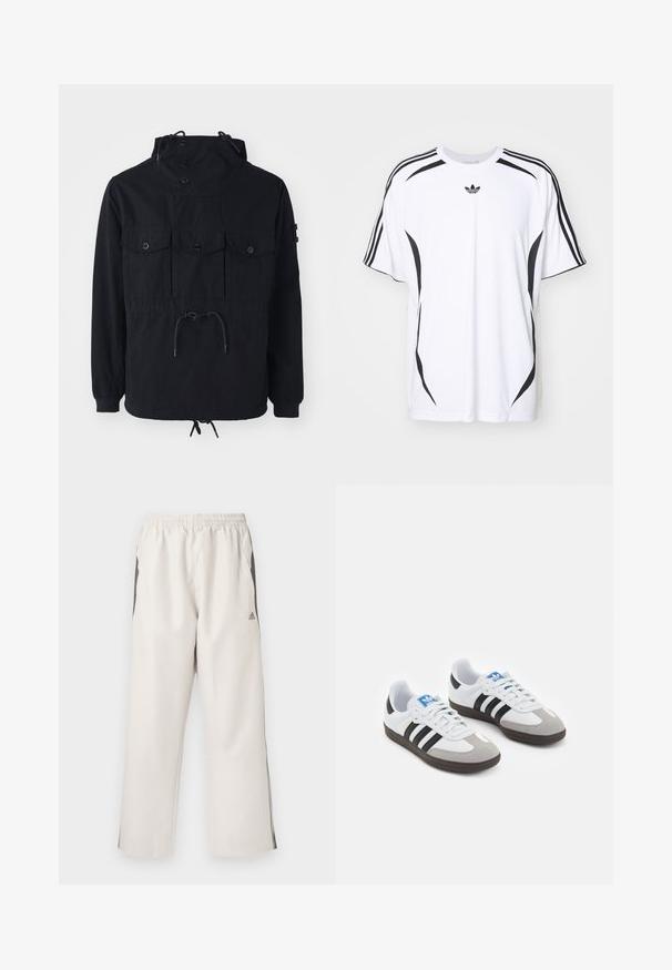 Svart lett jakke med snorhette, flere frontlommer og innsnørt midje. Glatt stoff med en avslappet passform.; Hvit t-skjorte med kort erme, med svarte sidelapper og tre svarte striper på skuldrene. Inkluderer liten svart logo på brystet.; Lys beige joggebukser med elastisk liv, sidelommer, svarte sidestreker og et Adidas-logo på venstre lår. Glatt stofftekstur.; Sportssko med en hvit skinnoverdel, grå semsket tå og tre svarte striper. Har en blå logo på tungen og en teksturert gummisåle.
