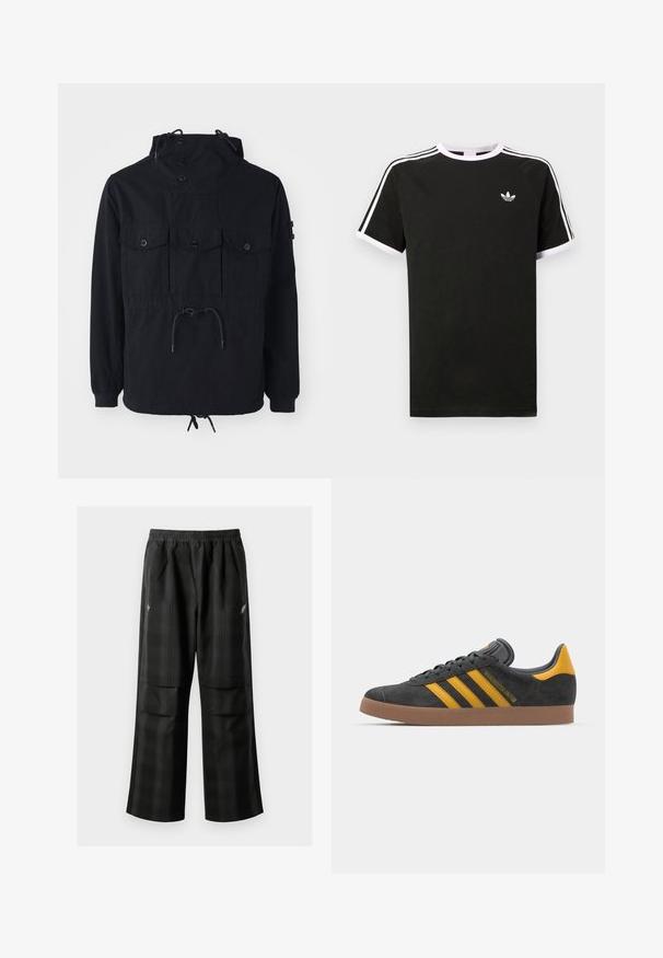 Svart lett jakke med snorhette, flere frontlommer og innsnørt midje. Glatt stoff med en avslappet passform.; Svart t-skjorte laget av bomull med hvite detaljer. Har korte ermer, raglan-design og en liten logo på brystet. Tre hvite striper på skuldrene.; Svarte rutete bukser med elastisk midje, to frontlommer og løs passform med rett ben-design. Laget av lett materiale.; Sort skinnesko i svart semsket skinn med gule detaljer, med tre striper og en brun gummisåle. Inkluderer en polstret tunge for komfort.