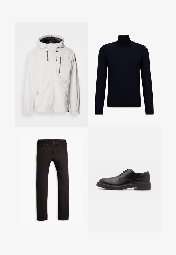 White waterproof jacket with a hood, featuring black zippered pockets, adjustable drawstrings, and elastic cuffs. Smooth finish, lightweight design.; Dark navy turtleneck sweater made of fine knit fabric, featuring long sleeves and a fitted, high neckline. No visible patterns or accents.; Black slim-fit jeans with five pockets and button closure, displayed flat on a white background.; Black leather lace-up shoe with a rounded toe, smooth texture, minimal stitching, and a low rubber heel. Logo on the heel.