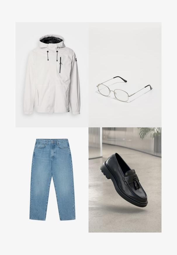 Veste imperméable blanche avec capuche, dotée de poches zippées noires, de cordons de serrage réglables et de poignets élastiques. Finition lisse, design léger.; Deux sweat-shirts à col rond à manches longues, l'un gris clair superposé devant un noir, tous deux avec des poignets et un ourlet côtelés.; Jean en denim bleu clair avec une coupe droite, design cinq poches et une texture légèrement délavée. Dispose d'une fermeture à bouton et à glissière.; Mocassins en cuir noir à finition lisse, avec pompon décoratif, semelle en caoutchouc épaisse et détails cousus. Design léger et élégant.; Lunettes en métal avec une monture ovale, des biseaux argentés et des verres transparents. Branches droites et fines avec des embouts noirs, design minimaliste.