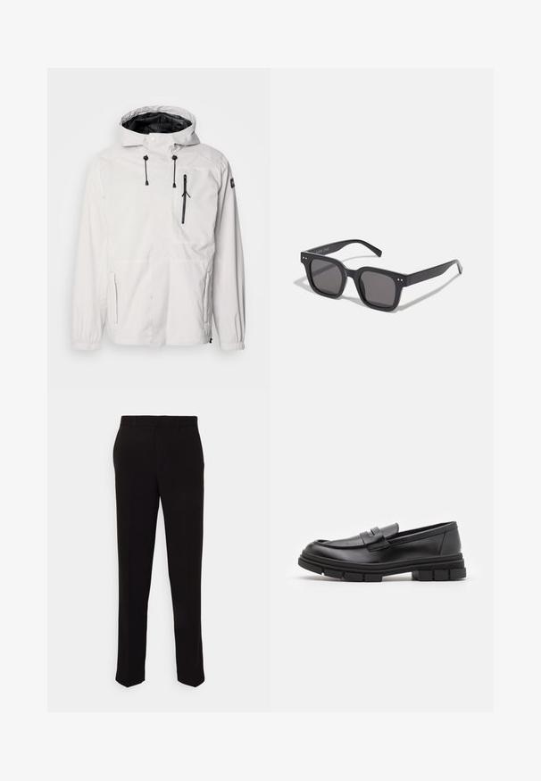 Bílá voděodolná bunda s kapucí, vybavená černými zipovými kapsami, nastavitelnými šňůrami a elastickými manžetami. Hladký povrch, lehký design.; Černý rolák vyrobený z měkkého pleteného materiálu. Má dlouhé rukávy, žebrovaný límec a lem. Jednoduchý, elegantní design bez vzorů.; Černé kalhoty s rovnými nohavicemi, které mají hladkou texturu a žádné viditelné vzory či kovové prvky. Klasický design s čistou siluetou.; Černé kožené mokasíny s hladkým povrchem, se zapínáním vpředu a masivní gumovou podrážkou se vroubkovanými detaily.; Černé obdélníkové sluneční brýle s tmavými skly, disponující silným rámem, decentními akcenty po stranách a bez viditelných log kromě názvu značky.; Kovové kvalitní hodinky s černým ciferníkem, bílými číslicemi a zobrazením data. Disponují nerezovým páskem a voděodolností 100 m.