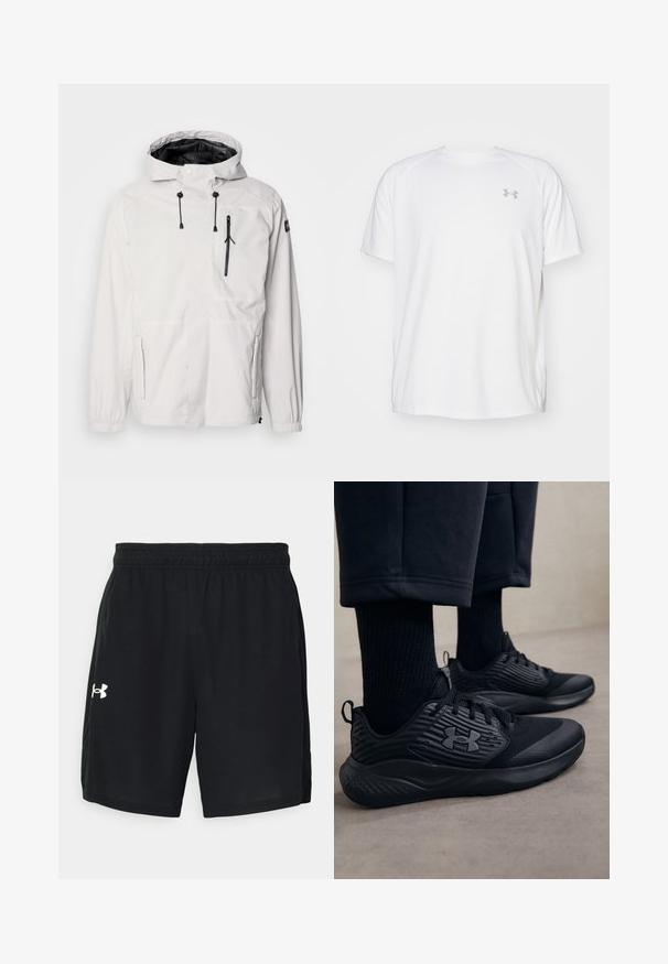 Balta ūdensnecaurlaidīga jaka ar kapuci, ar melnajām kabatām ar rāvējslēdzējiem, regulējamām auklām un elastīgām aprocēm. Gluda virsma, viegla konstrukcija.; Baltas īsajiem piedurknēm sporta krekls, izgatavots no gludas auduma. Tam ir apaļa kakla izgriezums un pelēks logo uz kreisās krūtis, kā arī sānu šķēlumi apakšmalā.; Melni sporta šorti, kas izgatavoti no viegla auduma, ar elastīgu jostasvietu un balto logotipu kreisajā pusē.; Persona, kurš valkā melnus sporta apavus ar teksturētām sāniem un logo, kombinēti ar melnām zeķēm un īsām biksēm uz gaišas grīdas.
