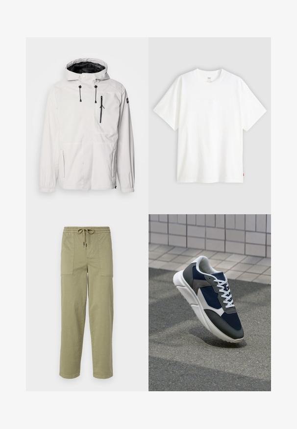 Bílá voděodolná bunda s kapucí, vybavená černými zipovými kapsami, nastavitelnými šňůrami a elastickými manžetami. Hladký povrch, lehký design.; Bílý krátký rukáv tričko vyrobené z bavlny s kulatým výstřihem. Na přední straně se nachází decentní embosované logo a červená cedulka na lemu.; Pantalony světle olivové barvy vyrobené z bavlněné směsi, s elastickým pasem na šnůrku a dvěma velkými bočními kapsami.; Tenisky s horní částí z námornicky modré síťoviny, šedými semišovými akcenty, bílou gumovou podrážkou a plochými bílými tkaničkami, navržené pro pohodlí a prodyšnost.