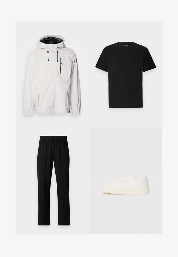 Veste imperméable blanche avec capuche, dotée de poches zippées noires, de cordons de serrage réglables et de poignets élastiques. Finition lisse, design léger.; T-shirt noir à manches courtes en coton doux, doté d'un col rond et d'une coupe droite sans motifs ni accents visibles.; Pantalons noirs à taille élastique avec une coupe droite, présentant une texture lisse et sans motifs ni éléments visibles.; Baskets blanches sans lacets avec une surface texturée, une semelle épaisse et un design minimaliste. Présente le logo de la marque sur le côté.