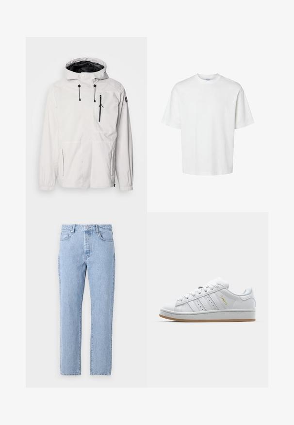 Valge veekindel jakk kapuutsiga, millel on mustad tõmblukuga taskud, reguleeritavad nööridega ja elastsed mansetid. Sile viimistlus, kerge disain.; Valge puuvillane t-särk lühikeste varrukatega, ümmarguse kaelusega ja lõdva lõikega. Sile tekstuur, ilma nähtavate mustrite või aktsentideta.; Heledad sinine denimipüks, sirge säärekujundusega, viis taskut ja nööbiga sulgemine. Pehme tekstuur ja klassikaline kulunud viimistlus.; Valge tenniseking, millel on perforeeritud kolmerealine disain, tekstureeritud aktsendid, kummist talla ja külgedel kuldne "CAMPUS" logo.