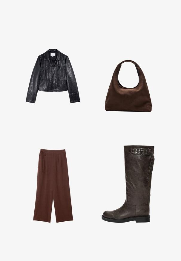 Musta tekonahkainen takki cropped-muotoilulla, jossa on metalliset rei'itykset kauluksessa ja taskuissa sekä pitkät hihat.; Valkoinen halterneck-top, jossa on syvä V-pääntie, poimutettu etuosa ja säädettävä solki kaulassa. Valmistettu pehmeästä, teksturoidusta kankaasta.; Ruskeat leveälahkeiset housut, joissa on nyörikiinnitys vyötäröllä, pleateilla ja pehmeällä tekstuurilla, valmistettu kevyestä kankaasta.; Korkean varren ruskea nahkakenkä, jossa on tekstuuripinta, sivuilla solki- ja napin yksityiskohtia, sekä tasainen kumipohja.; Pehmeä ruskea hobo-tyylinen käsilaukku, jossa on yksi leveä olkahihna ja kaareva yläosan aukko, esitelty valkoista taustaa vasten.