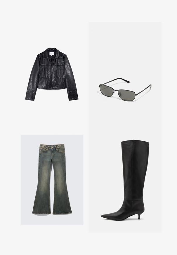 Jachetă din piele ecologică neagră, cu un design scurt, având ochiuri metalice pe guler și buzunare, și mâneci lungi.; Tricou alb cu mânecă scurtă, fabricat din bumbac. Prezintă un gât rotund, un design simplu și o etichetă cu logo la gât. Textură netedă.; Blugi evazați de denim într-o nuanță albastră decolorată, cu un design clasic cu cinci buzunare, având o textură ușoară și accente de cusături vizibile.; Botine negre din piele, până la genunchi, cu vârf ascuțit și toc kitten. Textură netedă și design minimalist, fără hardware sau accente vizibile.; Ochelari de soare cu cadru negru din metal, cu lentile dreptunghiulare. Caracterizati printr-un design subțire și lentile cu nuanță gri, evidențiind un stil minimalist.; Geantă de mână din piele burgundă, cu două mânere, suprafață texturată, buzunare laterale cu fermoar și o formă structurată. Prezintă accente din metal argintiu.
