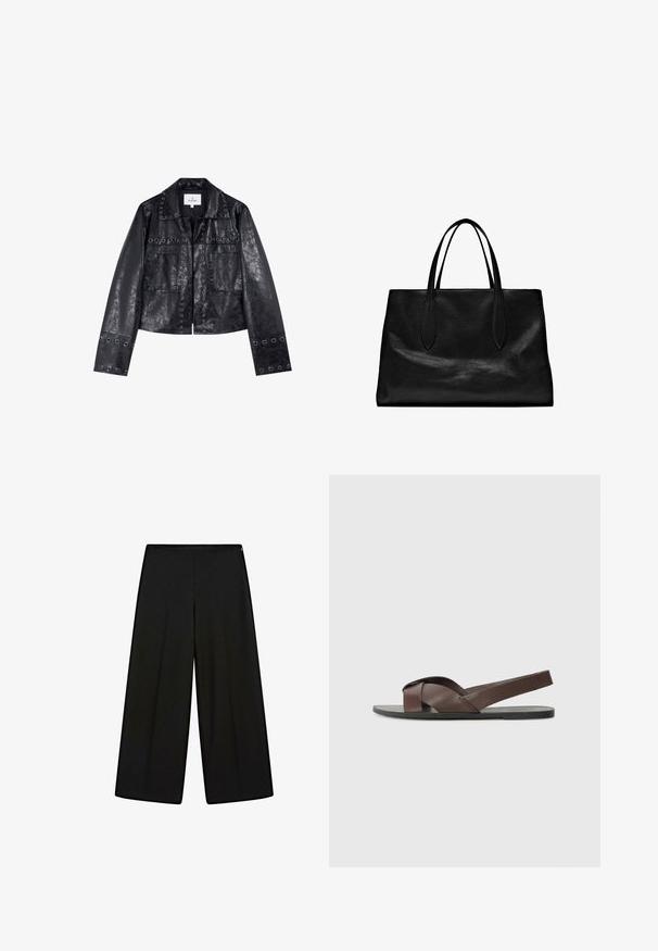 Veste en simili cuir noire au design court, dotée de œillets métalliques sur le col et les poches, avec des manches longues.; T-shirt noir à manches courtes en V, au design simple et ajusté, sur fond blanc.; Pantalons larges noirs en tissu doux, avec une taille haute et des plis, ayant une texture lisse et sans embellissements visibles.; Sandale en cuir marron avec un design à sangle croisée, semelle noire plate et sangle arrière ajustable. Texture lisse et détails matériels minimaux.; Sac fourre-tout en cuir noir avec deux poignées allongées, une forme structurée, une texture lisse et un design minimaliste. Aucun matériel ou accent visible.