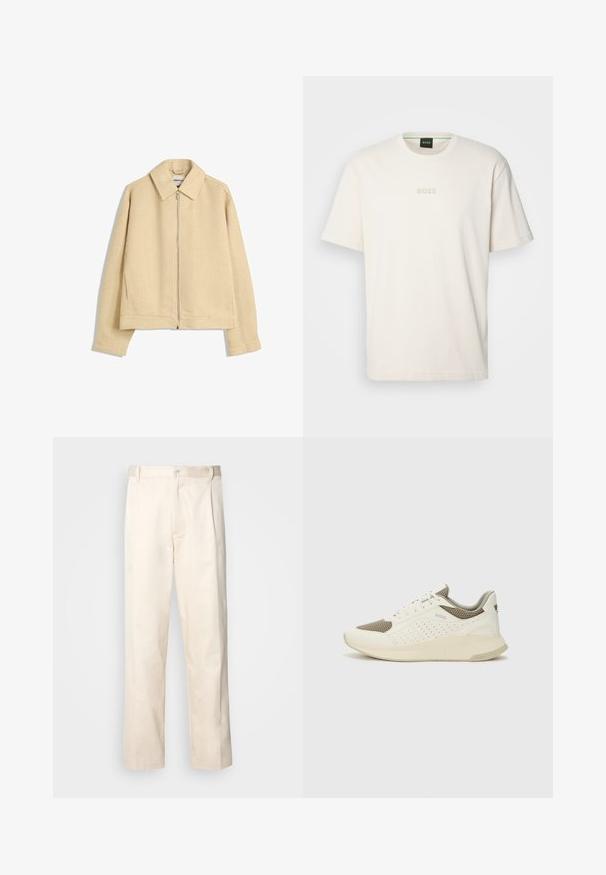 Béžová, štruktúrovaná bunda na zips s golierom, dlhými rukávmi a dvoma prednými vreckami. K dispozícii je vzor vaflového pletenia po celej tkanine.; BOSS TEE - Základné tričko - open white; Béžové bavlnené nohavice so strihom rovného nohu, s gombíkovým zapínaním a záhybmi vpredu pre pridanie detailu.; Biele a svetlo béžové športové tenisky s hornou časťou z mriežkového materiálu, perforovanými detailmi a textúrovanou medzipodrážkou s logom na päte.
