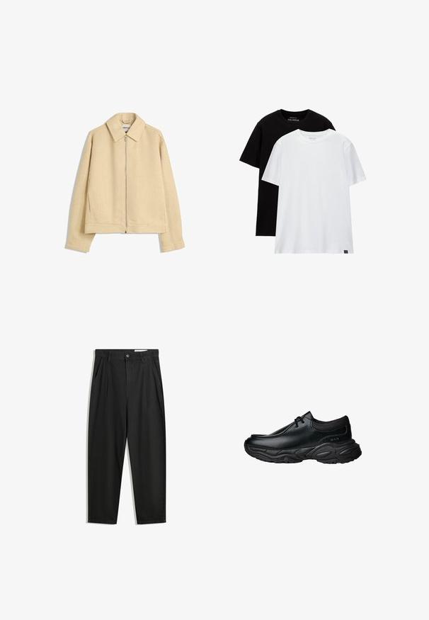 Beige, gestructureerde zip-up jack met een kraag, lange mouwen en twee zijzakken. Wafelbreipatroon door de stof.; Twee regular fit t-shirts, één zwart en één wit, gemaakt van katoen. Elk heeft een ronde hals en korte mouwen. Simpel ontwerp, zonder patronen.; Zwarte katoenen broeken met een losse pasvorm, voorzien van een klassieke tailleband, voorplooien en zijzakken. Gladde structuur zonder patronen.; Zwarte leren instapschoenen met een ronde neus en een dikke, gestructureerde rubberen zool. Bevat subtiele stiksels en elastische accenten bij de kraag.