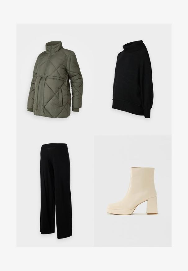 Tamsiai žalia, siuvinėta pūkinė striukė su aukštu apykakle, priekyje užtrauktuku, elastingais rankogaliais ir reguliuojamu raišteliu liemeni.; Juodasis golfas su laisvu siluetu, raukšlėtu paviršiumi ir pūstomis rankovėmis. Pagamintas iš minkštos medžiagos, kurios kraštas pasiekia juosmens liniją.; Juodos plačios kelnės su elastinga juosmeniu ir lygia, tampria tekstūra. Turi paprastą dizainą, be raštų ar puošmenų.; Smėlio spalvos odiniai aulinukai su blokuotu kulnu ir platforma, lygiu paviršiumi ir šiek tiek kvadratiniu nosiu, pasukti kairėn ant balto fono.