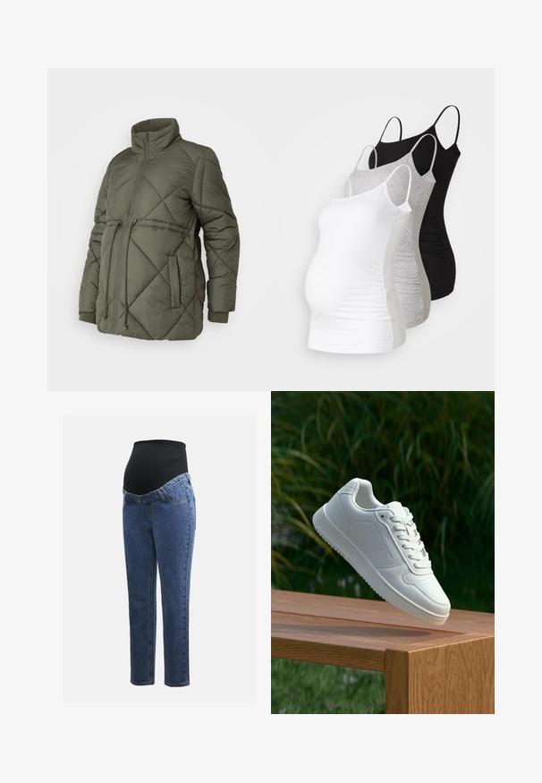 Tamsiai žalia, siuvinėta pūkinė striukė su aukštu apykakle, priekyje užtrauktuku, elastingais rankogaliais ir reguliuojamu raišteliu liemeni.; Trys nėštumo marškiniai be rankovių – balti, pilki ir juodi. Tampri medžiaga su reguliuojamomis petnešėlėmis ir susiraukšlėjusiomis šoninėmis siūlėmis, užtikrinančiomis komfortą.; Nėštumo džinsai su mėlynos džinsinės medžiagos kojomis ir juodu elastingu pilvo skydeliu, skirtu palaikyti ir uždengti augantį pilvuką.; Balti sneakeriai su lygia sintetine viršutine dalimi, perforuota pirštų zona, plokščiomis raištelėmis ir tekstūruotu padu, padėti ant medinės paviršiaus.