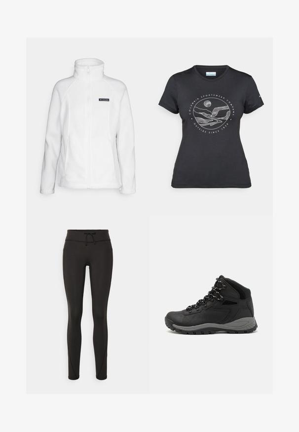 Columbia BENTON SPRINGS™ FULL ZIP - Fliisjakk - sea salt; Musternine Columbia T-särk mustas värvuses, millel on valge ümmargune mägi ja jõe joonistus ning tekst "Columbia Sportswear Company Outside Since 1938."; Mustad kõrge vöökohtadega mustad retuusid, paelaga, sileda tekstuuri ja sobiva disainiga. Külgedel on õmblusdetailid.; Mustarjaline matkasaabas, millel on keskmine disain, tekstuuriga ülemine osa, hallid aktsendid ja vastupidav kummist põhi, millel on haardelugesid.