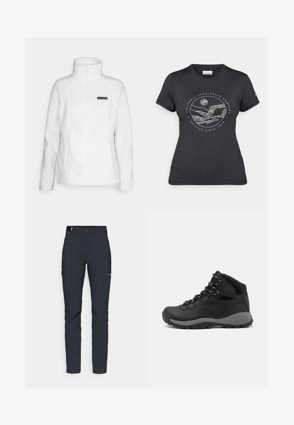 Columbia BENTON SPRINGS™ FULL ZIP - Casaco polar - sea salt; T-shirt preto da Columbia com arte em linha branca circular representando montanhas e rios, e o texto "Columbia Sportswear Company Outside Since 1938."; Calças de exterior para homens, cinza escuro, feitas de material flexível, com cinto, bolsos com fecho éclair e costuras reforçadas.; Bota de caminhada preta com design de cano médio, apresentando um upper texturizado, detalhes cinzentos e sola de borracha durável com cravos de tração.