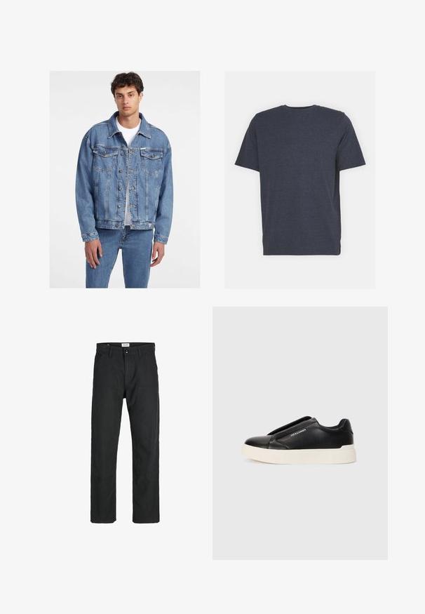 Heled sinine teksajakk klassikalise disainiga, millel on kaks eesmist taskut, nööbiga kinnitamine ja veidi üle mõõtu lõige.; Tumed sinine ümar kaelusega T-särk, mis on valmistatud pehmest puuvilla segamisel põhinevast kangast, lühikeste varrukatega ja tavalise lõikega. Ilma nähtavate mustrite või aktsentideta.; Mustad mustad, mis on valmistatud vastupidavast kangast, sirge jala disainiga, õmmeldud detailidega ja kahe eesmise taskuga funktsionaalsuse jaoks.; Must musta kingad tekstureeritud nahast pealmise osaga, valge kummist tallaga ja nähtamatute paeltega. Küljel on brändi logo.