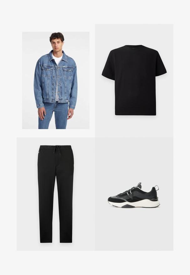 Heled sinine teksajakk klassikalise disainiga, millel on kaks eesmist taskut, nööbiga kinnitamine ja veidi üle mõõtu lõige.; Must have lühikeste varrukatega must T-särk, mis on valmistatud tekstuursetest materjalidest, ümmarguse kaelusega ja lõdva lõikega. Lihtne, ilma mustrite või aktsentideta.; Jack & Jones JPSTACE NEO JOGGER - Püksid - black; Musthave musta toss, mis on valmistatud suede ja võrkmaterjalide segust, paksu valge tallaga ja peegeldavate aktsentidega. Läbilöögiga disain, millel on tõmblukk.