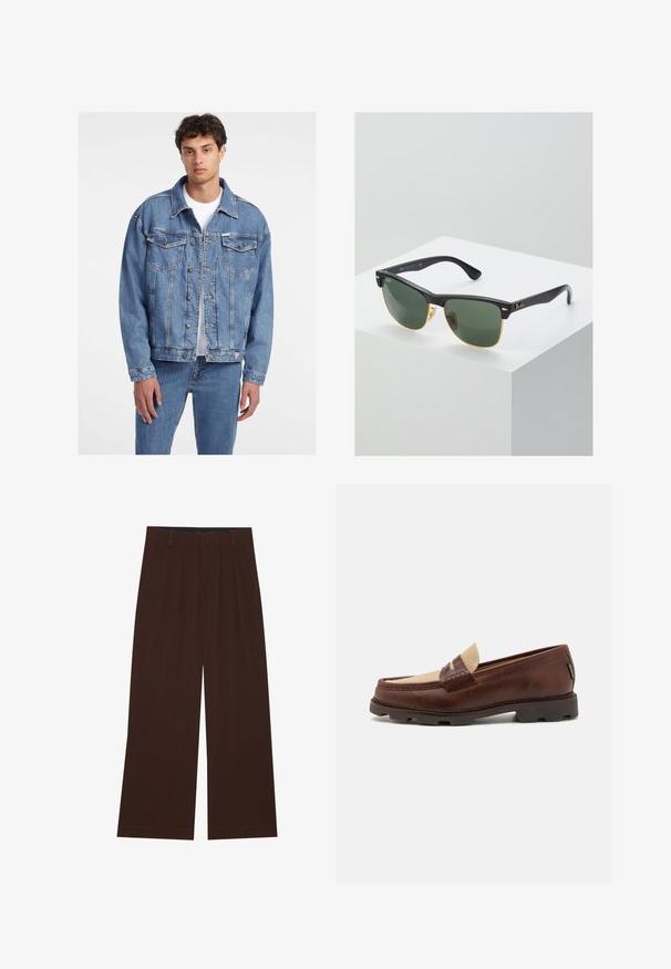 Világoskék farmerdzseki klasszikus dizájnnal, két elülső zsebbel, gombos záródással és enyhén oversize fazonnal.; Fehér pamut ujjatlan felső kerek nyakkivágással, széles vállpántokkal és egyenes szegéllyel, sima textúrával, látható minták nélkül.; Barna, széles lábú nadrág, plisszézett részleggel. Simább anyagból készült, szabott derékkal és oldalsó zsebekkel rendelkezik. Lapos szegéllyel az alsó részen.; Barna bőr loafer cipők taupe vászon díszítéssel, varrott részletekkel és texturált gumi talppal, amely a kényelemről és tartósságról gondoskodik.; Ray-Ban napszemüveg zöld lencsékkel, fekete műanyag kerettel és arany díszítéssel a széleken. Négyzet alakú, matt felülettel.