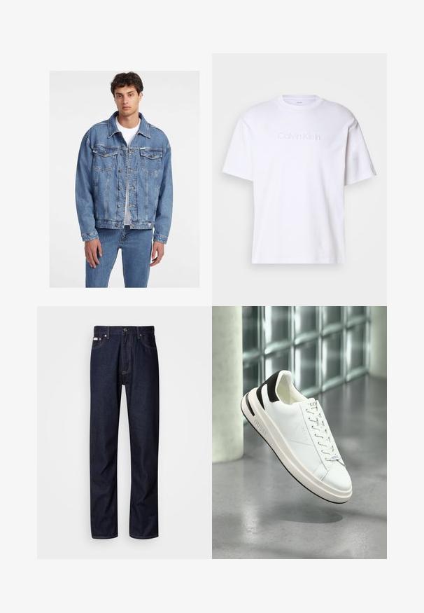 Lys blå denimjakke med klassisk design, som har to frontlommer, knappeåpning og en litt oversized passform.; Hvit bomullsst T-skjorte med korte ermer, med en hevet Calvin Klein-logo i midten. Klassisk rund hals design. Glatt tekstur.; Mørkeblå denimjeans med rett ben-design, som har knappestolpe, fem lommer og kontrasterende sømdetaljer.; Hvite lær sneakers med svarte detaljer, flat snøring og teksturert såle. Har "GUESS"-logo på siden og tungen.