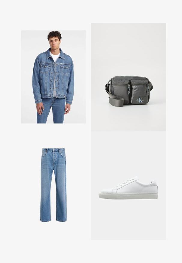 Chaqueta de mezclilla azul claro con un diseño clásico, que presenta dos bolsillos frontales, cierre de botones y un ajuste ligeramente holgado.; Camisa de manga larga y cuello perkins en algodón color crema claro. Textura suave, corte holgado, diseño minimalista, sin patrones ni acentos visibles.; Jeans de mezclilla azul claro con un diseño de pierna recta, cinco bolsillos, cierre de botón, ligeramente desgastados y detalles de costura en contraste.; Zapatilla blanca con parte superior de cuero liso y perfil bajo. Presenta una puntera redondeada, seis ojales y una suela de goma texturizada.; Bolso bandolera de nylon gris con dos bolsillos frontales con cremallera, correa ajustable y acento de logo. Textura suave con un diseño moderno.